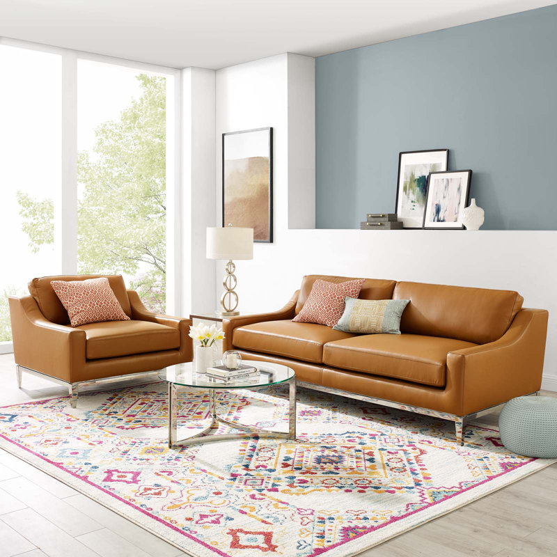 Harness Stainless Steel Base Leather Sofa Armchair Set Tan Leather Match